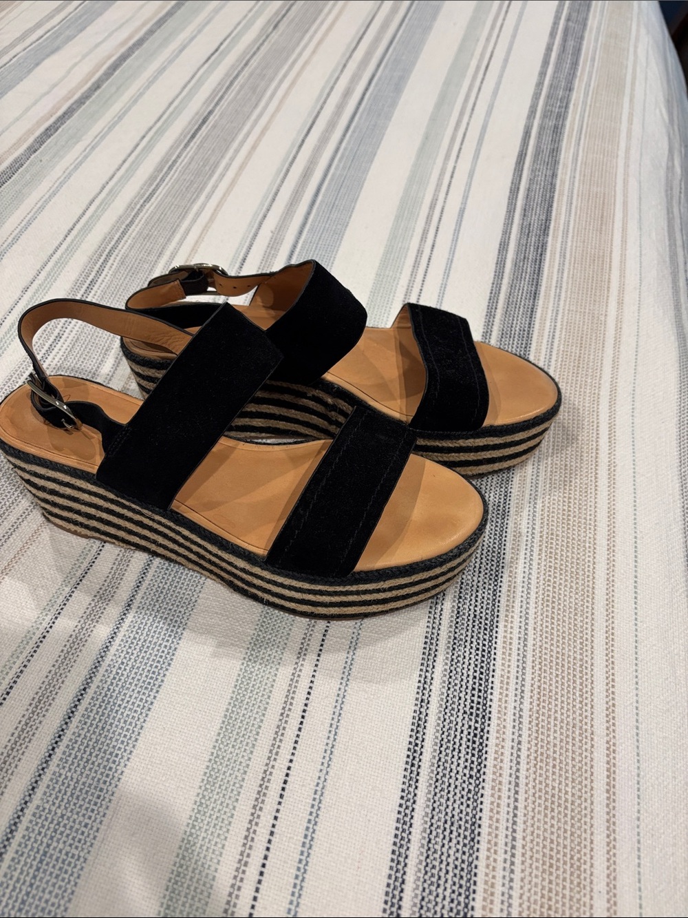 Joie Black Suede Striped Espadrille Wedge Sandals